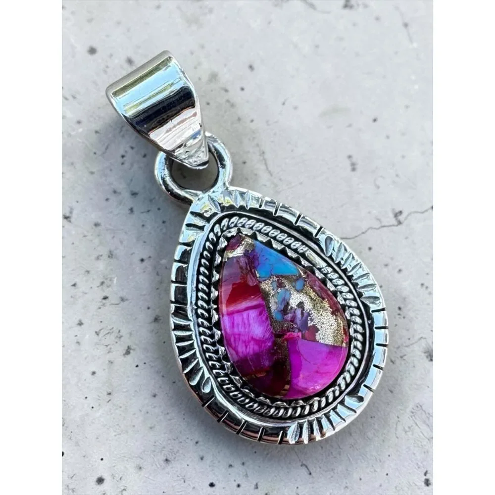 Kingman Pink Dahlia Turquoise Solid 925 Sterling Silver Pendant - Picture 2 of 5
